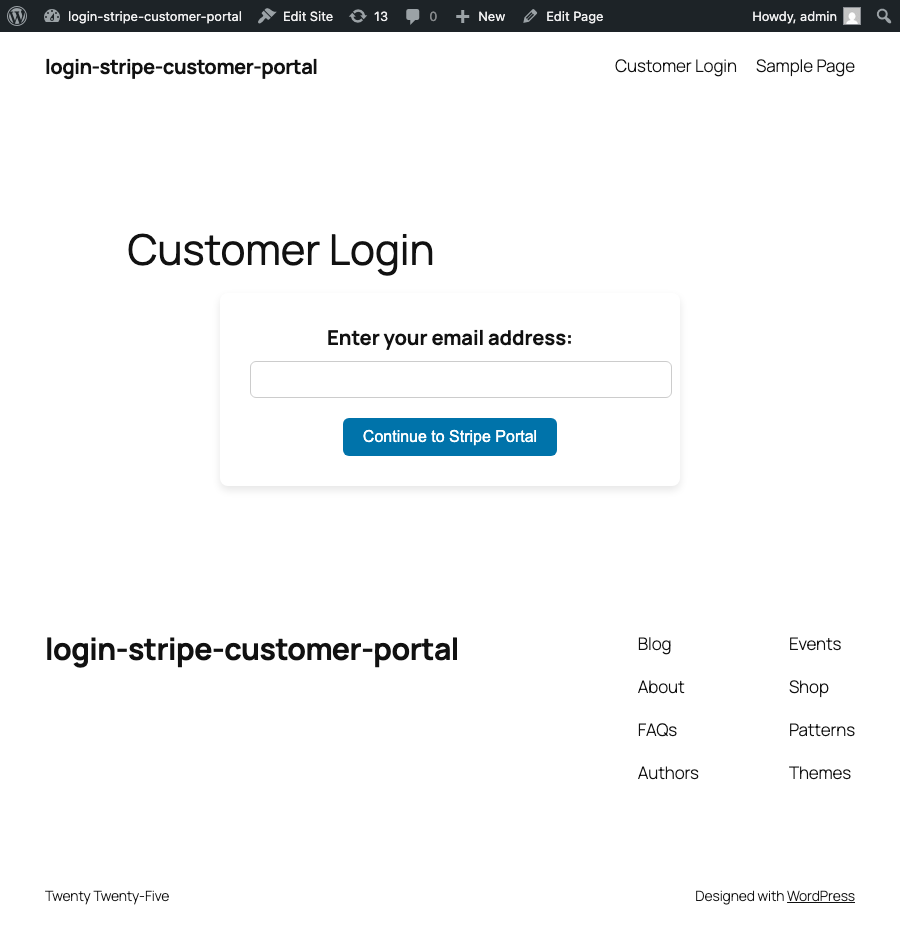 Login form embedded via shortcode on a WordPress page